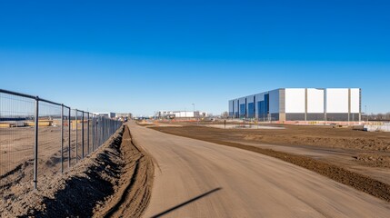 Construction site with a road leading to a large building under a clear blue sky.