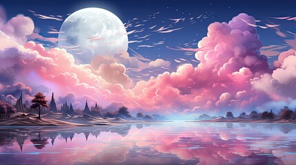 Pink clouds and blue sky, with a full moon over a calm lake reflecting the colors