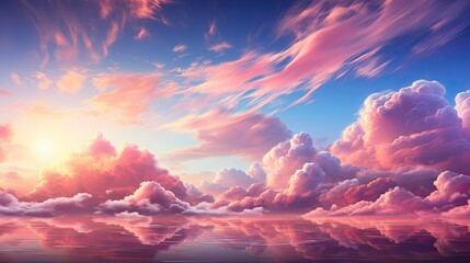 A serene skyscape featuring pink clouds and a deep blue sky reflected on water