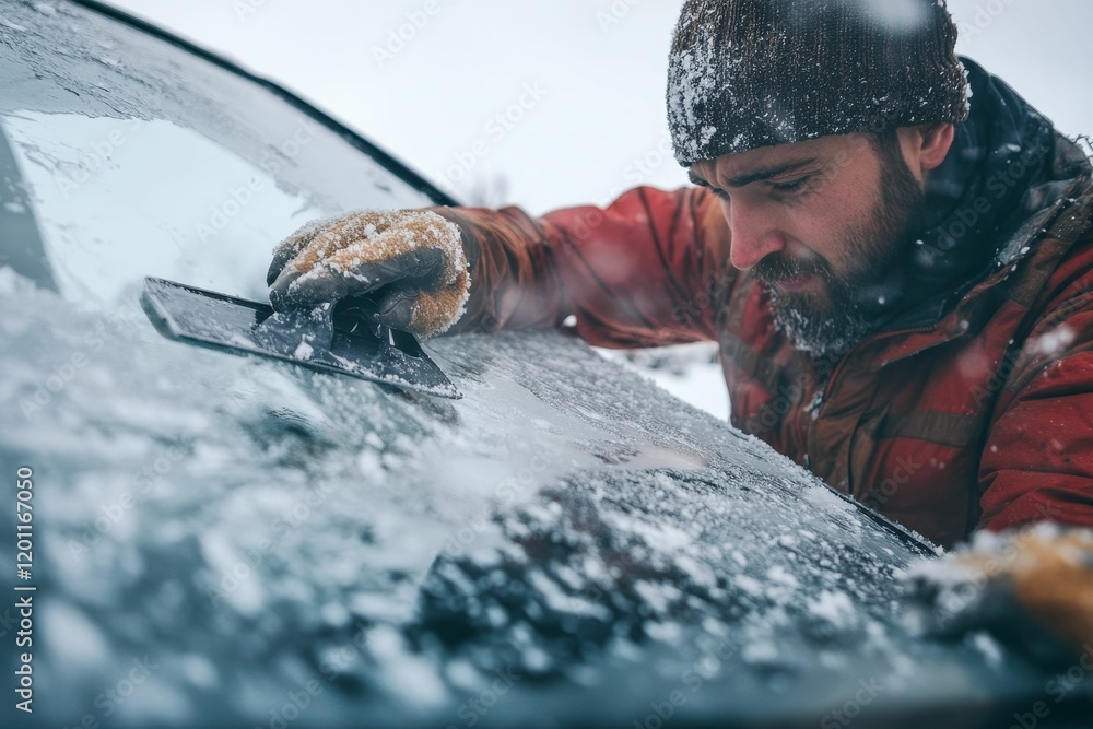 Poster man scraping ice off of windshield.