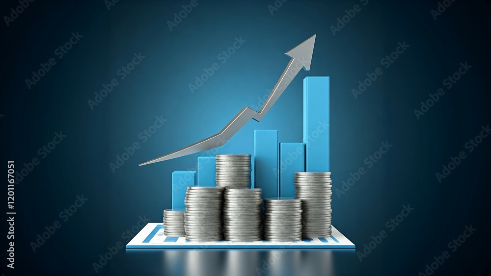 Poster graphic of increasing stacks of coins with upward-trending arrow and bar graph on blue background.