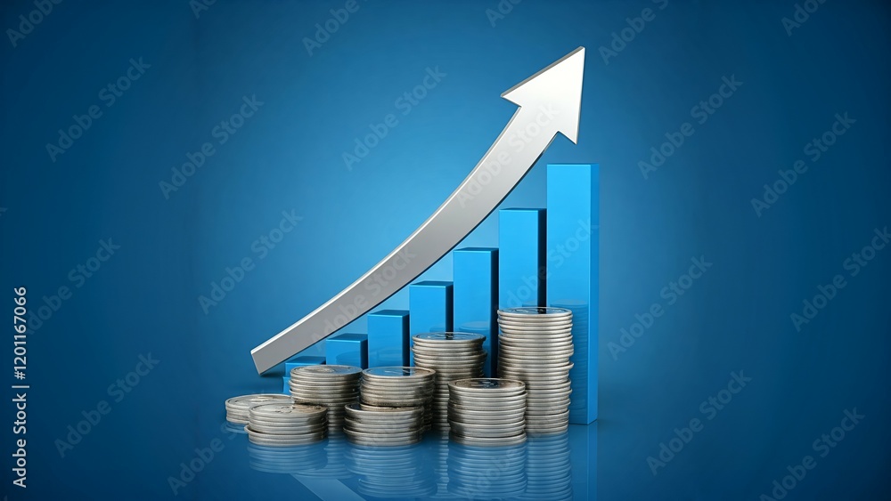 Poster graphic of increasing stacks of coins with upward arrow and bar chart, symbolizing financial growth.