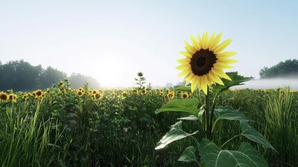 A vibrant sunflower stands tall in a sunlit field at dawn.