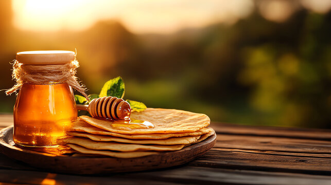 Ethiopian Chechebsa spiced flatbread, garnished with honey and served in a cozy breakfast scene, [African breakfast dishes, hearty sweetness]