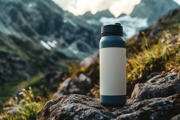 A filtered water bottle mockup with a clean design, placed in an outdoor hiking setting.