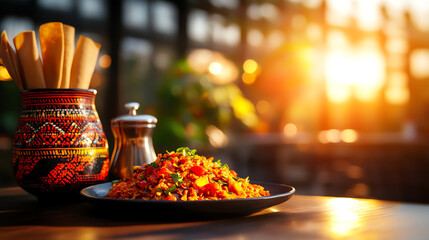 Ethiopian Firfir shredded injera in spiced sauce, served in a vibrant traditional cafe with cultural decor, [African breakfast treats, soulful warmth] © GoodRNG