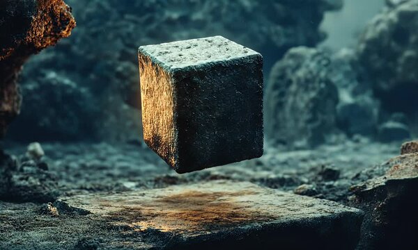 Glowing cube floats above dark, rocky landscape