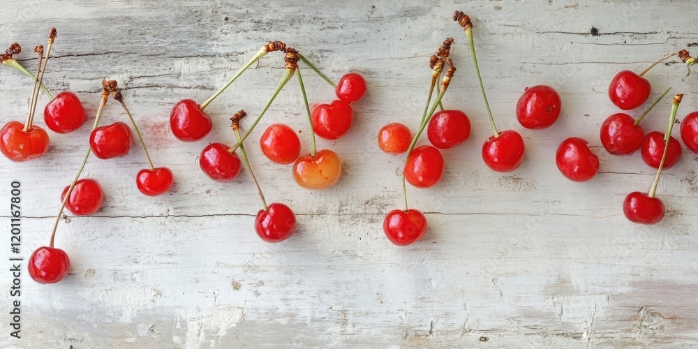 Poster fresh bright red sour cherries arranged in a linear pattern on a textured white wooden surface with 