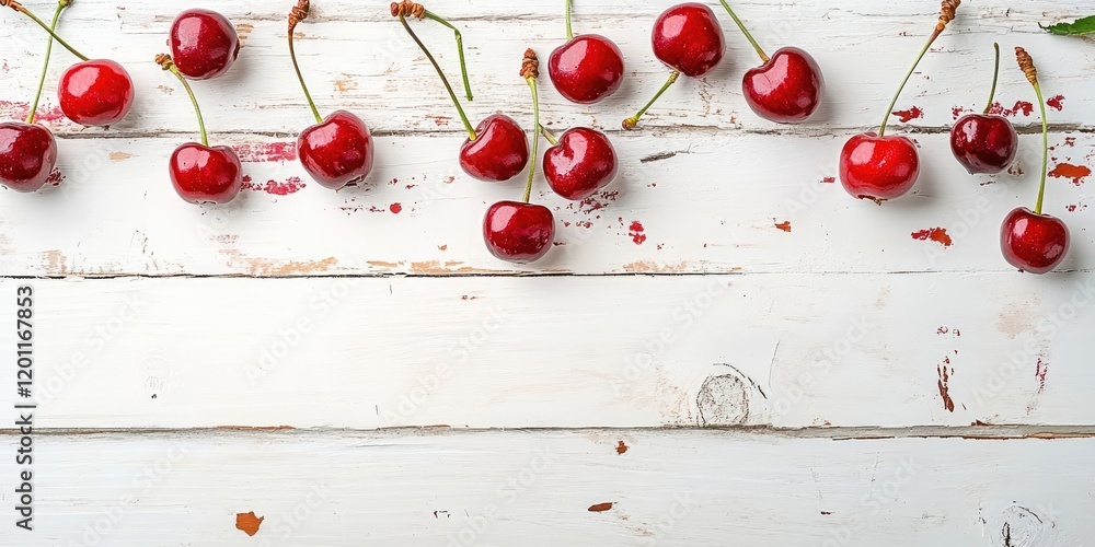 Poster fresh red sour cherries arranged neatly on a distressed white wooden surface with visible texture an