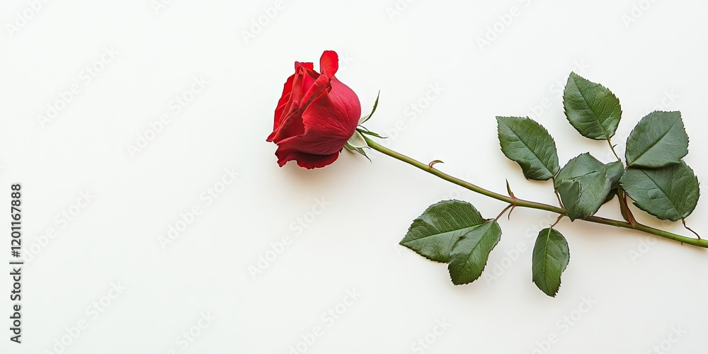 Poster vibrant red rose positioned on the left against a soft white background with green leaves, ample neg