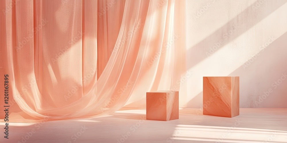 Poster soft pastel peach backdrop with flowing ethereal fabric, featuring two geometric blocks in light and