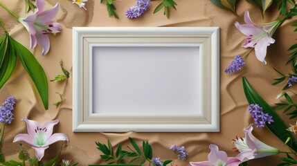 A blank white picture frame with a wooden inlay border in the middle surrounded by lilies and...