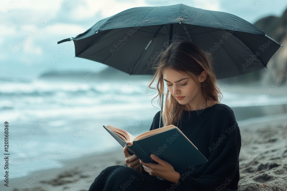 Poster a woman is seated on the shore, absorbed in a book while using an umbrella for shade. the peaceful b