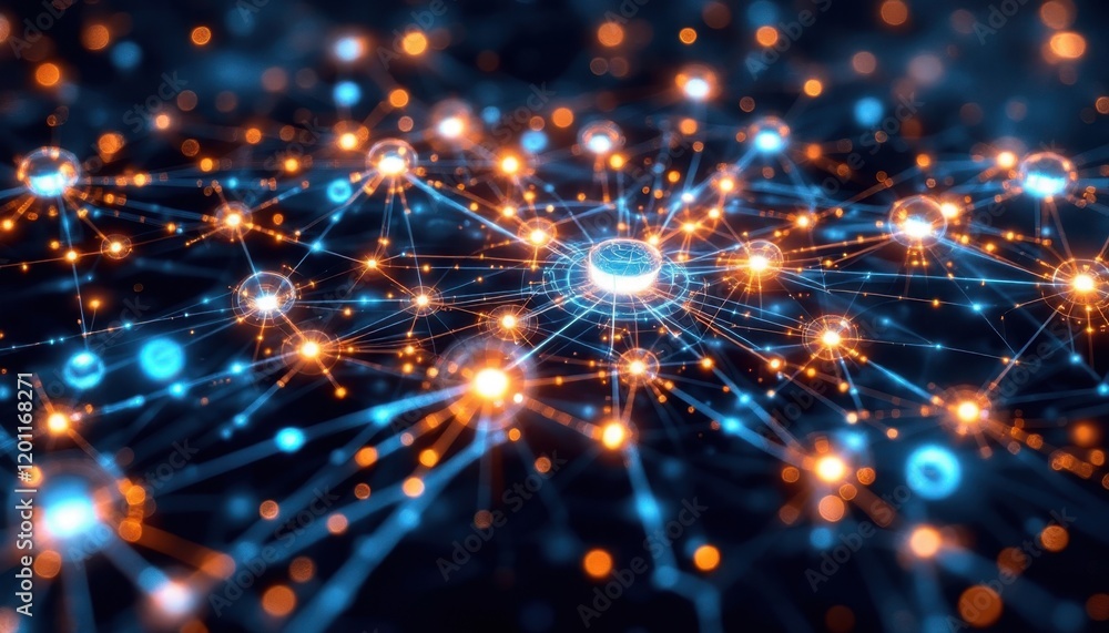 Poster futuristic network of glowing nodes and connections in digital space