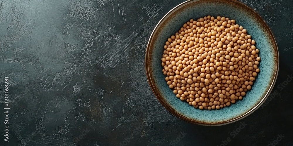Poster close-up of dry soybeans in blue bowl on dark textured background with ample negative space for copy