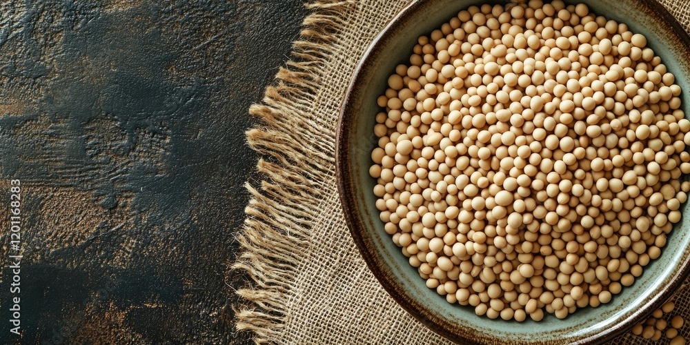 Poster bowl filled with dry soybeans on textured dark background with burlap embellishment and ample copy s
