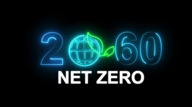 Net zero emissions by 2060 to change climate and net zero greenhouse gas emissions target Animation of a net zero timeline by 2060 over wind turbine footage, referencing Paris Agreement