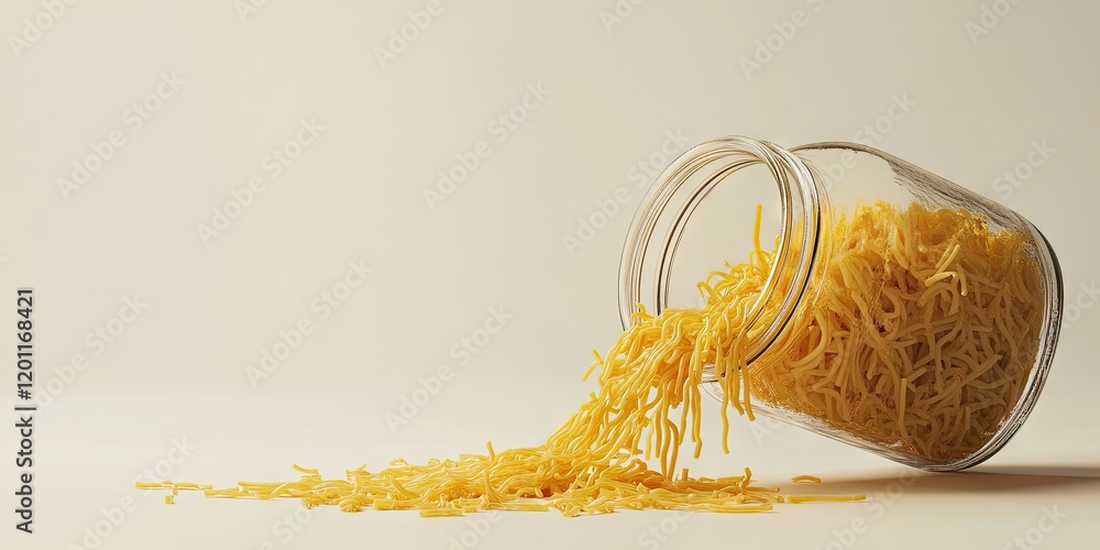 Poster spaghetti spilling from a tilted glass jar on a clean white backdrop with soft lighting, creating a 