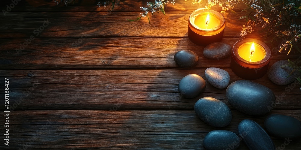 Poster serene spa composition featuring glowing candles and smooth stones arranged on a rustic wooden surfa