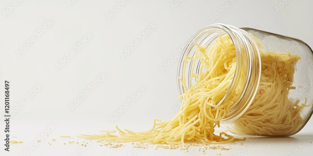 Poster spaghetti noodles spilling from a transparent jar on a clean white surface with soft lighting creati