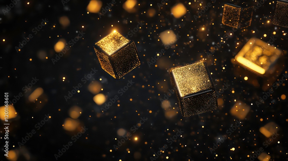 Poster Glowing golden cubes float in dark space with sparkling particles.