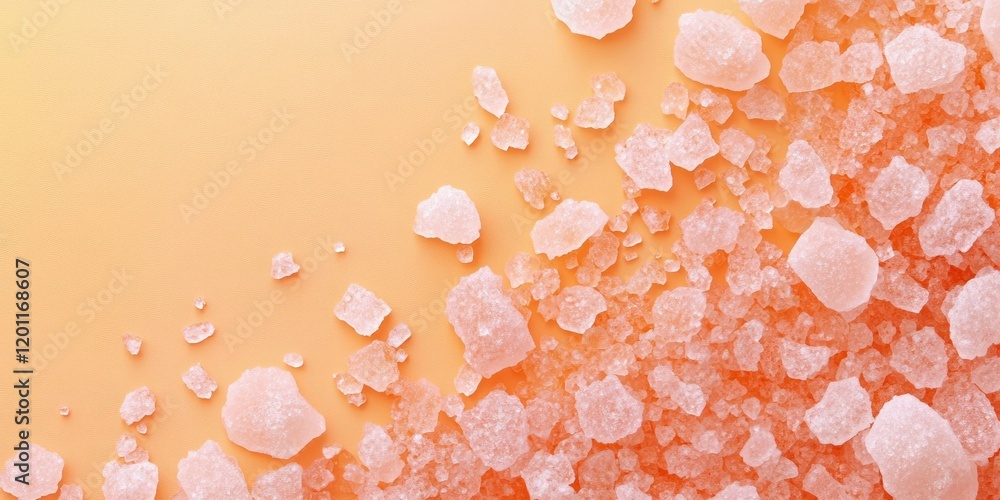 Poster pink bath salt crystals scattered on a peach background creating an abstract texture with space for 