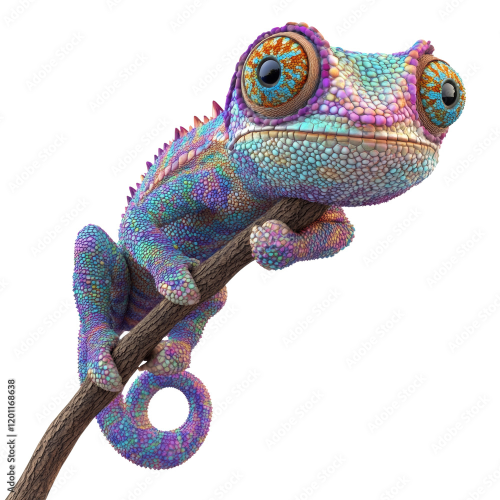 Poster A digitally rendered image shows a vividly colored chameleon clinging to a branch against a white background.