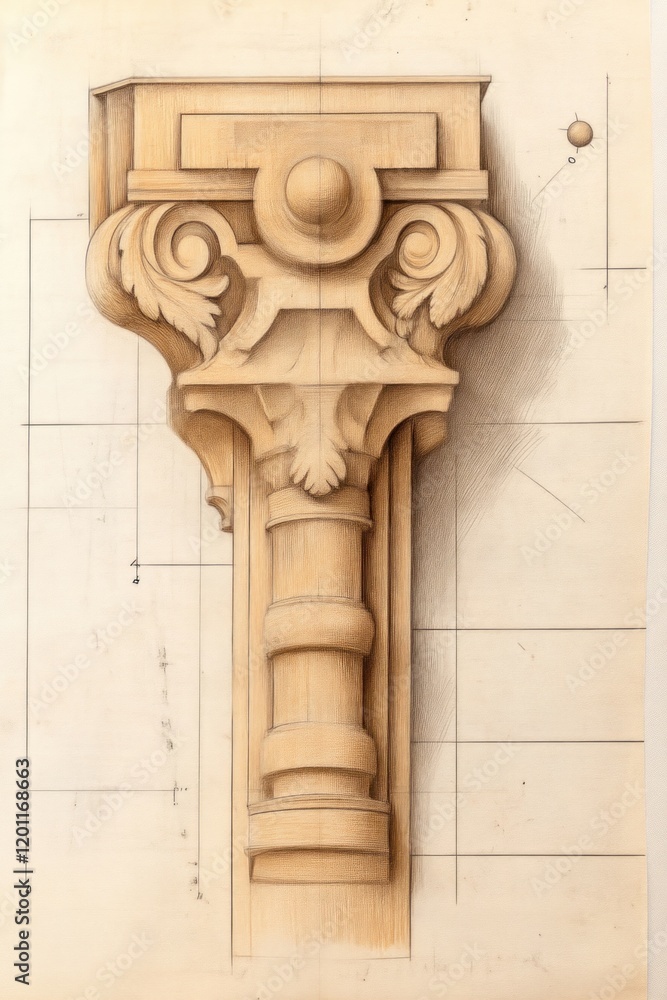 Poster intricate architectural column design art studio sketch illustration creative space side view classi