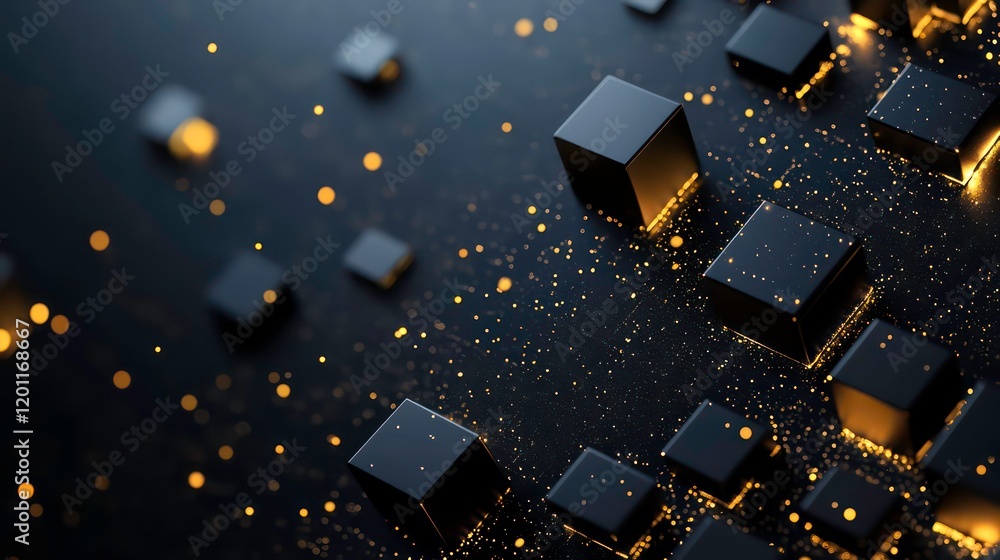 Poster abstract dark background with glowing golden particles and black cubes.