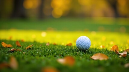 Naklejka premium A golf ball rests on a verdant putting green, surrounded by autumnal foliage, bathed in the warm glow of a late afternoon sun.