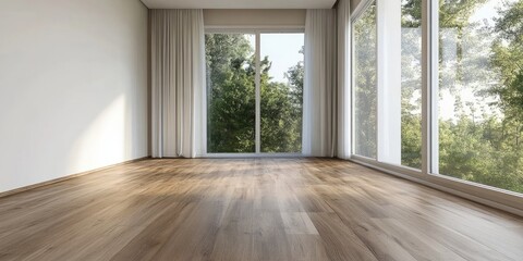 Fototapeta premium Bright and airy interior with laminate flooring and large windows framed by white curtains showcasing lush greenery outside.