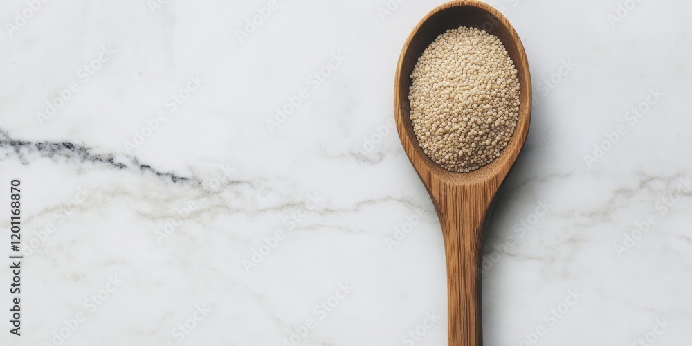 Poster spelt grits resting on a wooden spoon with a light marble backdrop featuring soft cream and gray ton
