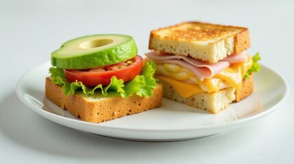A delectable duo of sandwiches one showcasing vibrant avocado, tomato, and lettuce; the other featuring melted cheese and lean meat on toasted bread.