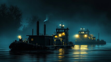 Tugboats light the dark water on a foggy night.