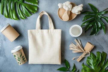 A flat-lay mockup of a cotton tote bag with customizable print, placed alongside eco-friendly items like reusable cups.