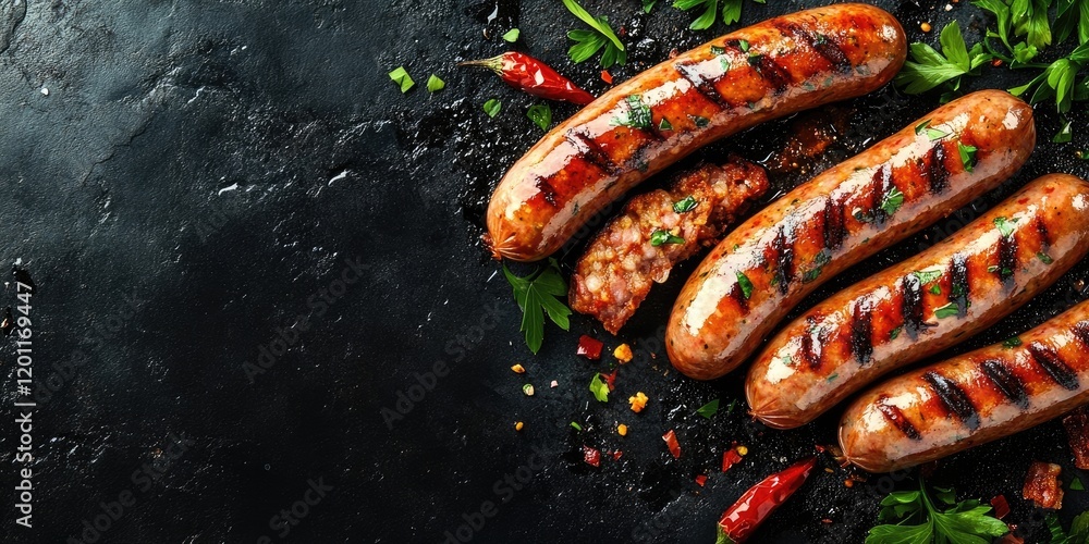 Poster grilled sausages garnished with herbs and chili flakes on a dark textured surface with ample empty s