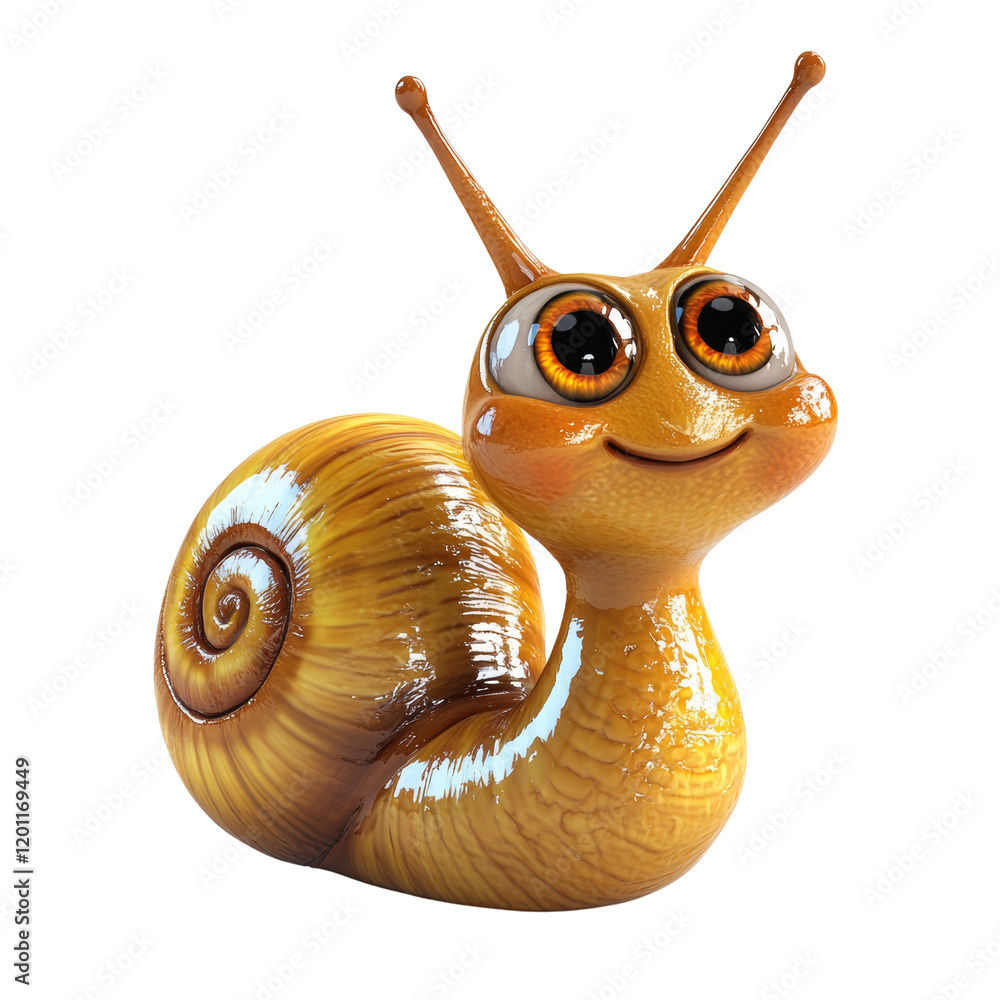 Aufkleber This is a 3D rendered image of a cute cartoon snail with large expressive eyes and a happy expression.