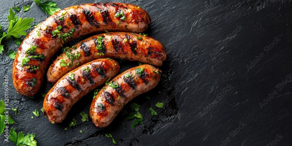 Poster grilled sausages garnished with herbs on dark textured background with ample empty space for text on