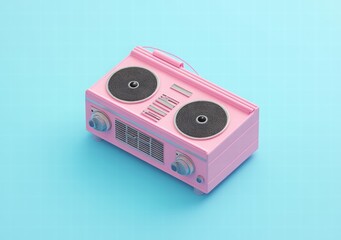 Obraz premium Pink retro boombox on a blue background. world radio day