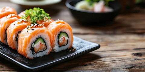 Spicy salmon sushi rolls on a black plate with green garnish positioned right, wooden table background, ample copy space left for text.