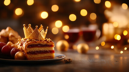 French Galette des Rois king cake, served with golden paper crowns in a festive family setup, [European desserts, celebratory tradition]