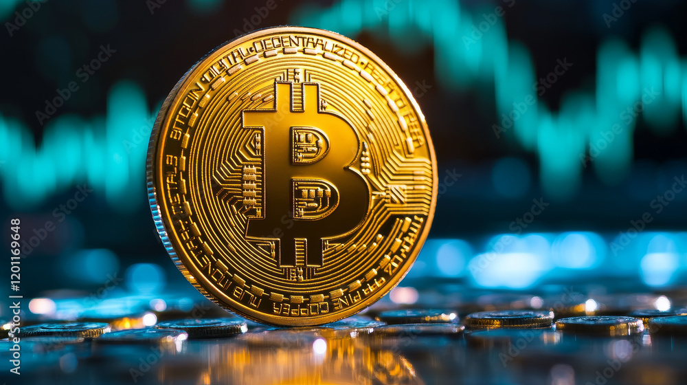 Poster bitcoin mining farm, cryptocurrency blockchain network technology. vector thin line crypto currency 