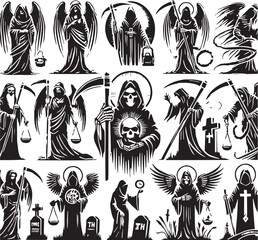 Black Color Grim reaper Silhouette Vector Illustration, Solid White Background