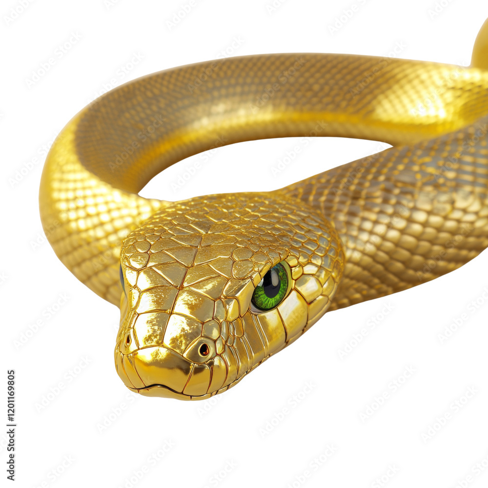 Poster a detailed close up of a digitally rendered golden snake with green eyes coiled on a white backgroun