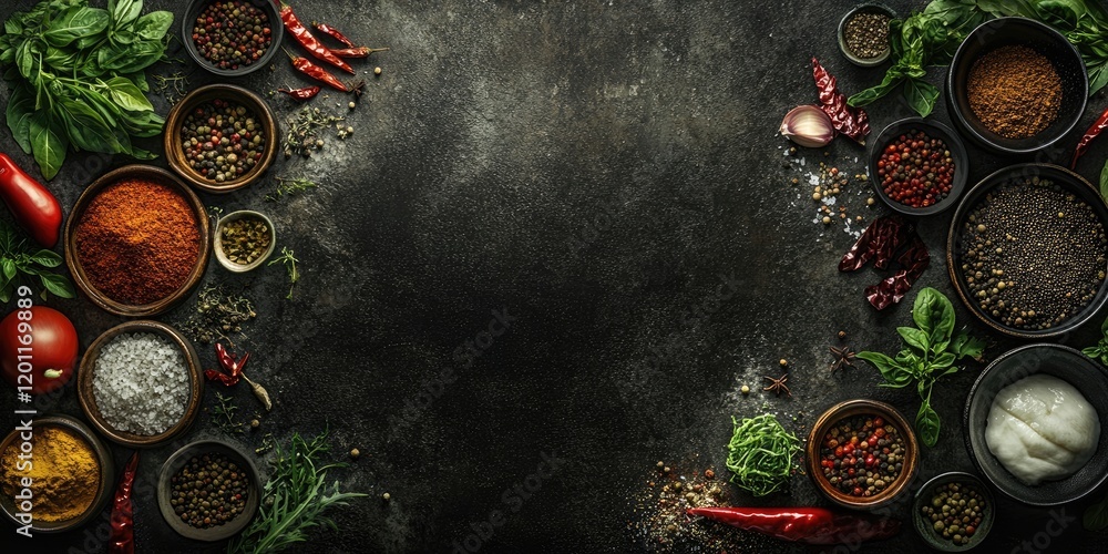 Poster colorful array of spices and fresh ingredients on a dark rustic background featuring vibrant red chi