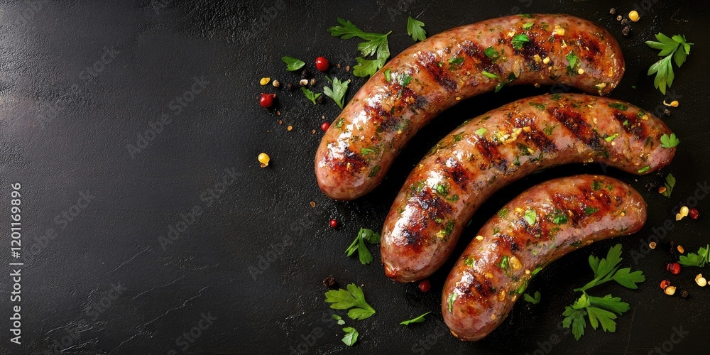 Aufkleber grilled sausages with herbs arranged on a dark textured surface with empty space for text vibrant gr