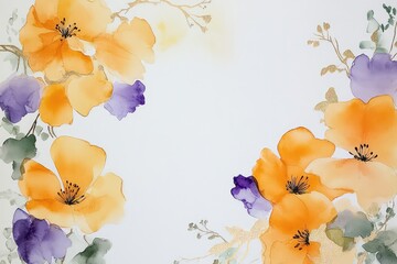 A hand-painted watercolor frame featuring yellow and purple flowers, accented with a shimmering gold outline.