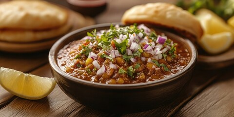 Delicious Spicy Misal Pav served in a dark bowl with chopped onions and herbs, lemon wedges on rustic wooden tabletop, warm lighting.