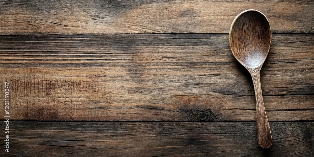 Poster Wooden spoon placed at an angle on rustic wooden tabletop with dark brown hues and textured patterns creating ample copy space on the left side