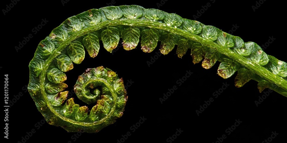 Poster macro photograph of a vibrant green fern branch spiraling against a deep black background showcasing